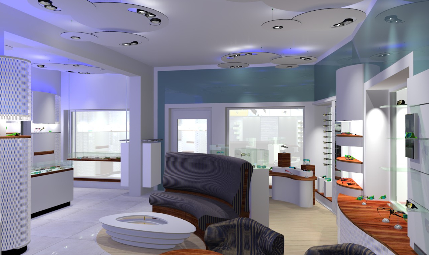 Lichtplanung Optiker 1410x837 Rendering zur Lichtplanung in den Geschäftsräumen eines Optikers.